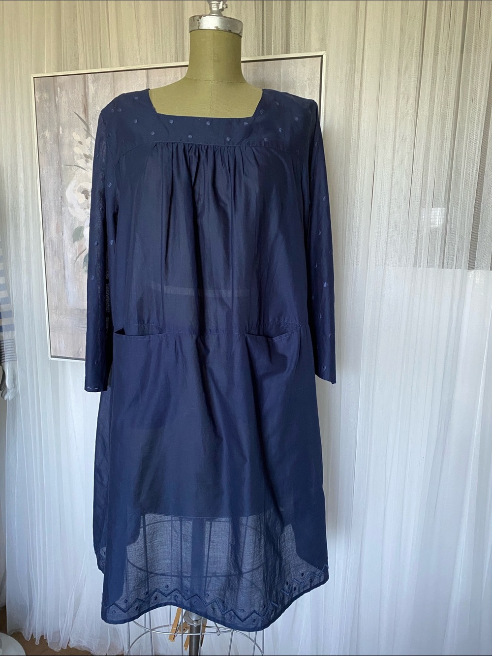 Gudrun Sjoden Navy 3/4 Sleeve Cotton Tunic Dress Lightweight Size 10
